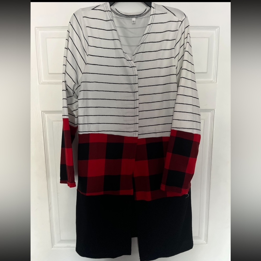 JCPenney Black and White Striped Cardigan with Red Plaid